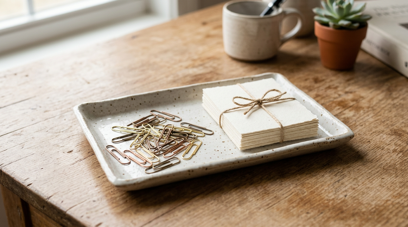 Ceramic tray holding paper clips and folded note cards