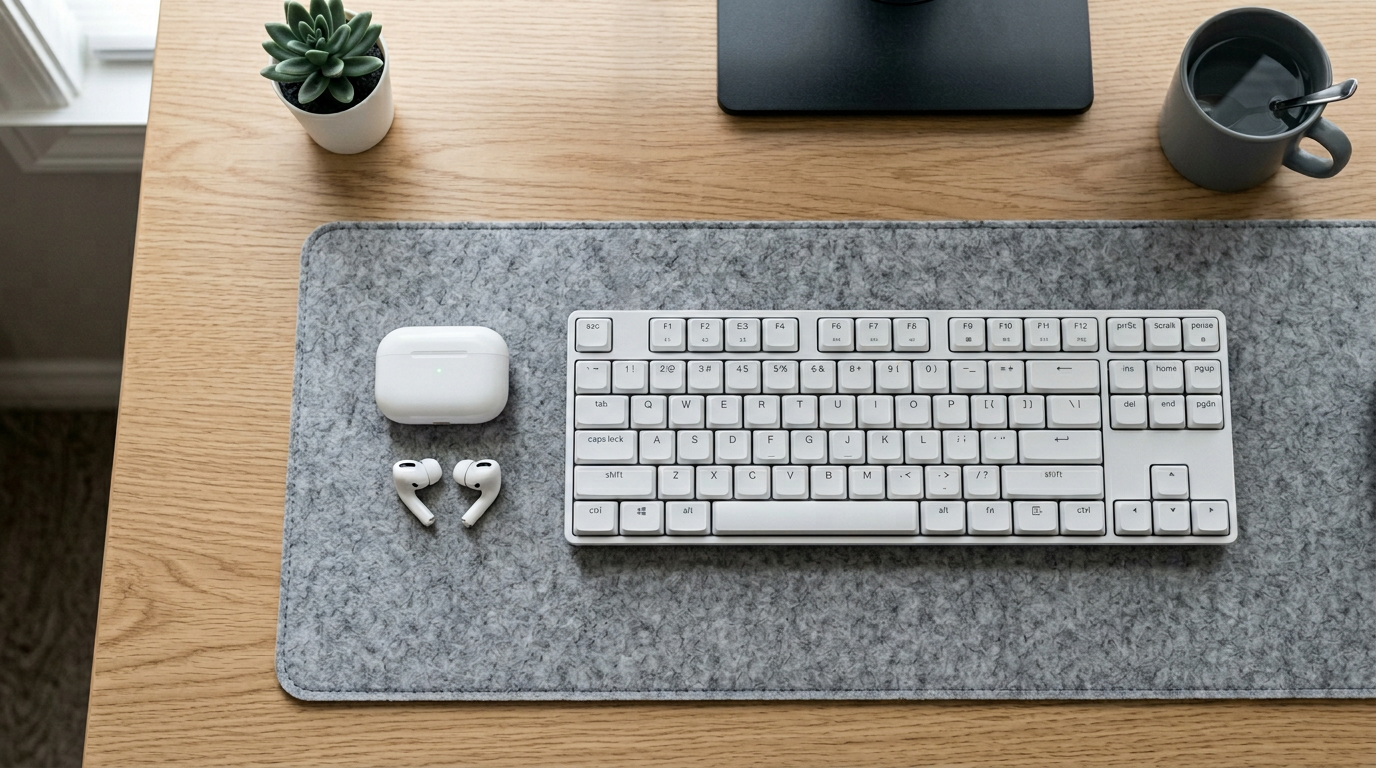 Wireless earbuds case beside minimal keyboard on desk