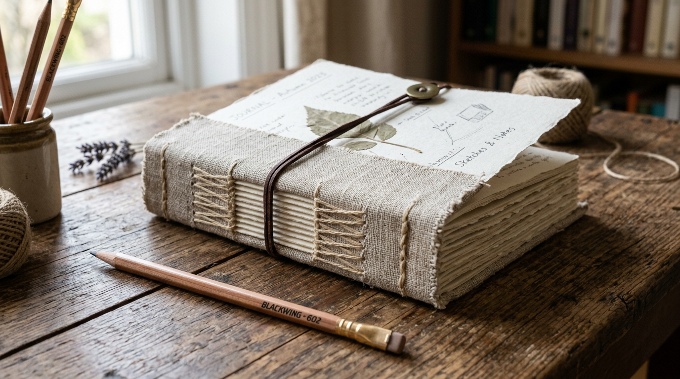 Handbound notebook with visible stitching on fabric cover