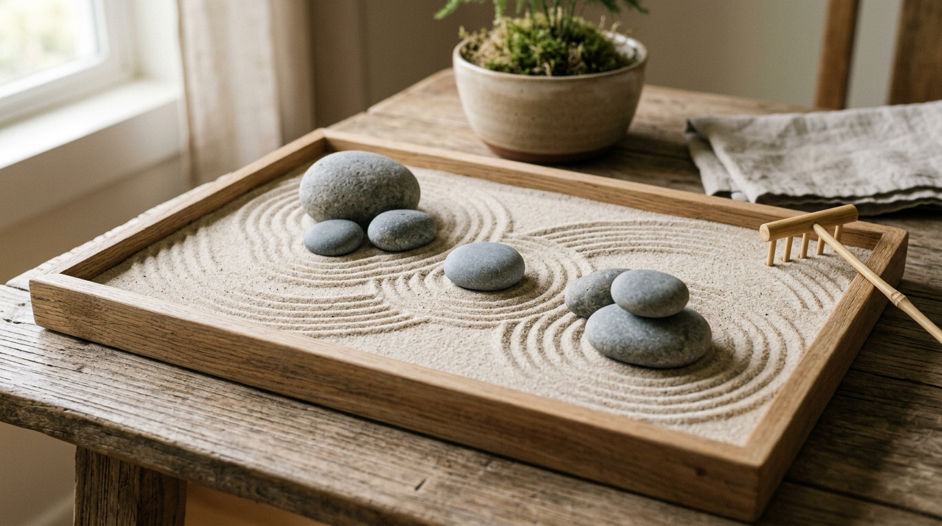 Smooth stones and sand on tray