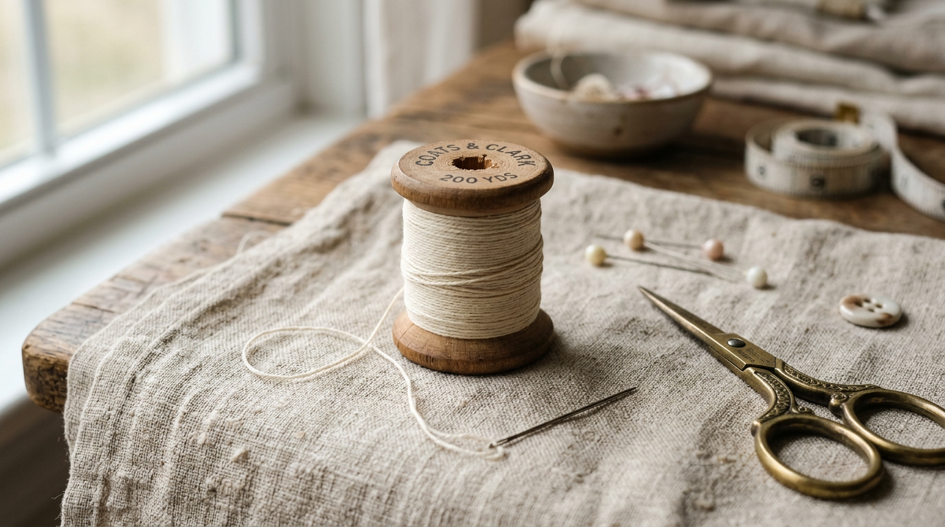 Wooden spool with cream thread