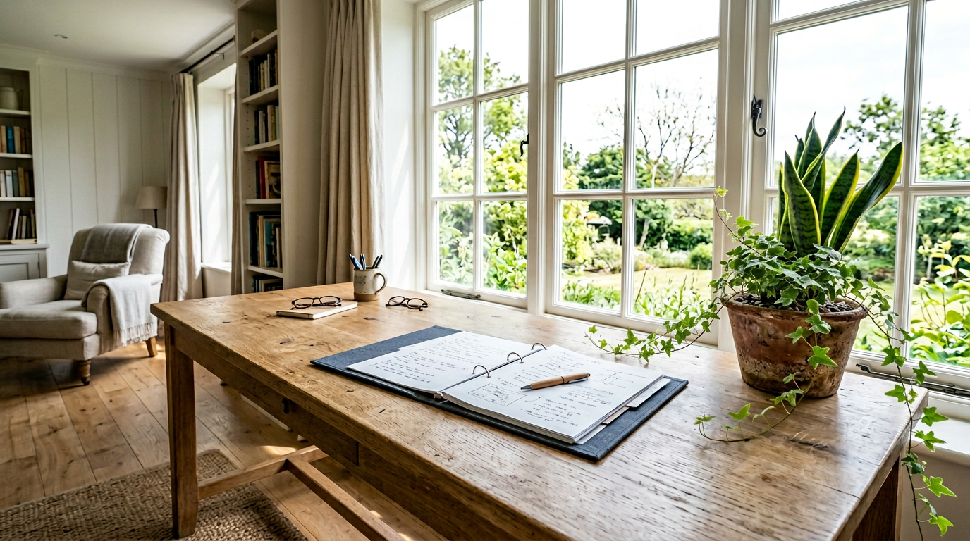 Wide oak desk with single open binder and indoor plant