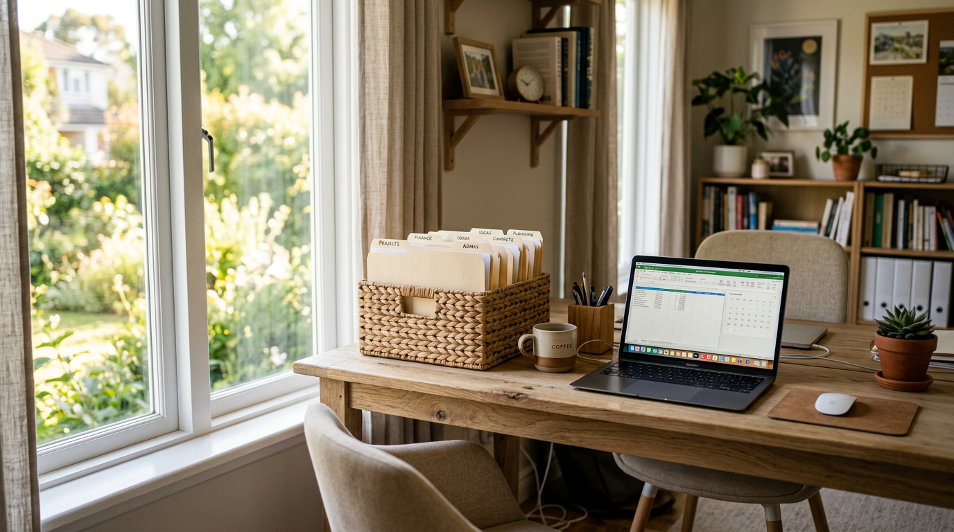 Woven basket with folders on light oak desk near window